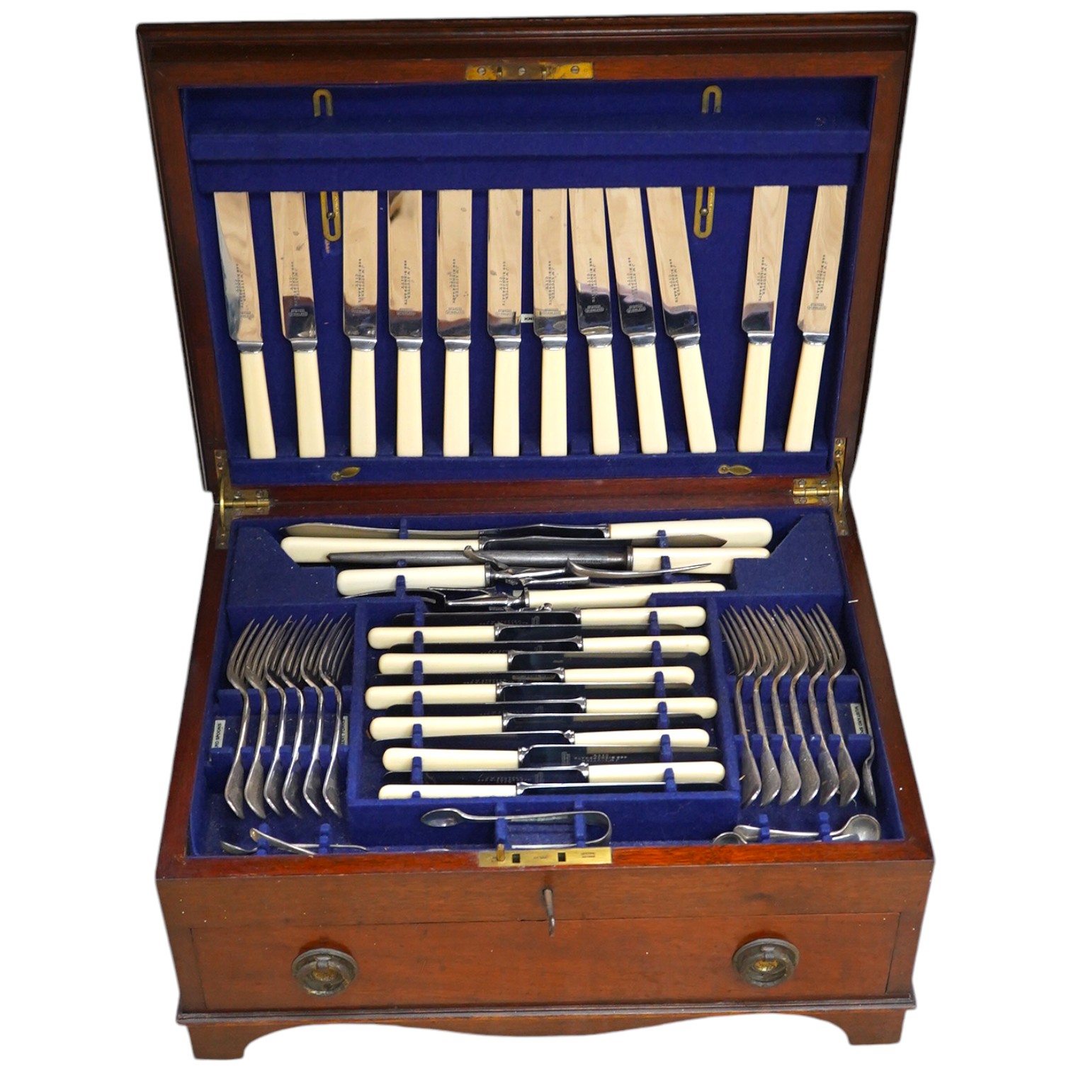 A mahogany extensive canteen of plated cutlery, 45cm x 36cm. Condition - fair